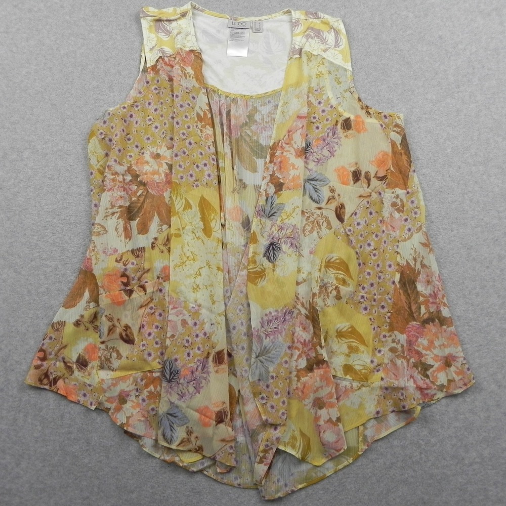 LOGO Lori Goldstein Womens Large Yellow Floral Sheer Open Front Vest Pockets